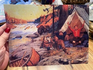 Vintage Litho Goodwin Hunting men Canoe Tent Bear Print 8"x10 3/4" - Picture 1 of 2