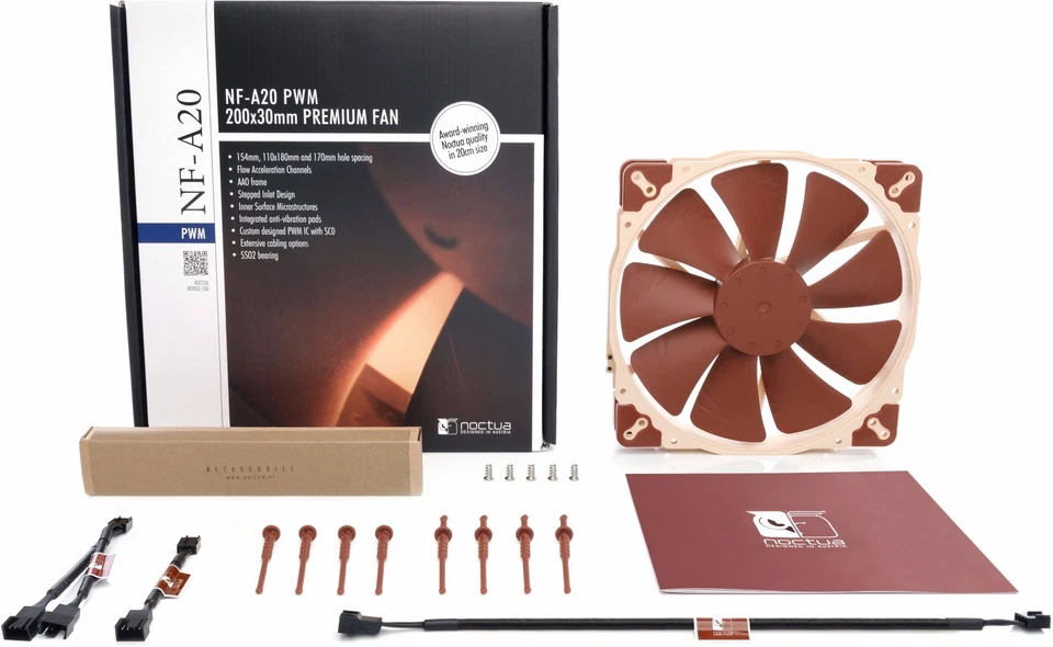 Noctua NF-A20 PWM 200mm x 30mm 4-Pin PWM Fan 59.3CFM 10.7dBA @ 550 RPM - Image 1 of 3