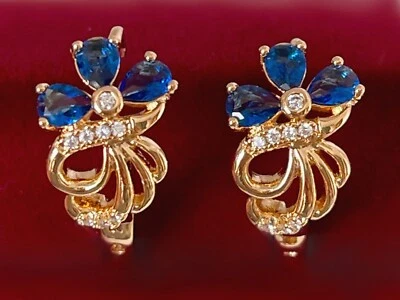 Luxus Ohrringe Creole Zirkon Kristall Blume Blau 750er Rolled Gold 18K vergoldet - Bild 1 von 4