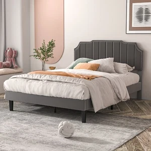 Queen Upholstered Platform Bed Frame Adjustable Headboard Wooden Slat Support - Picture 1 of 27