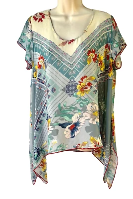 Johnny Was Swing Top S 或 OS* 蓝色和多花丝质大圆领 SS 手基下摆 — 第 1/4 张图片