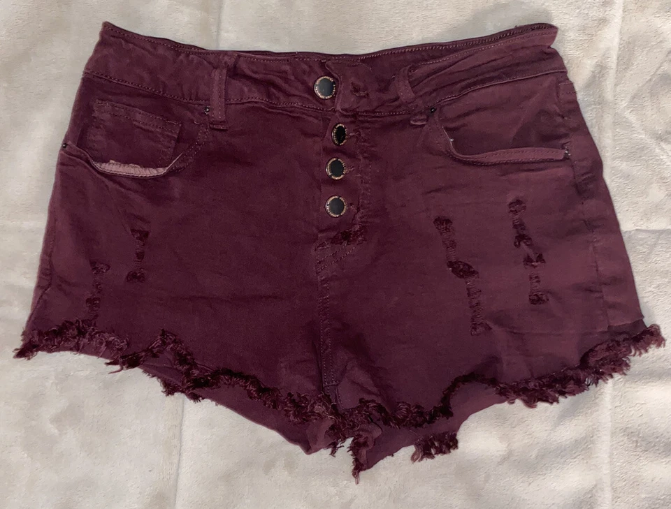 Tilly’s Angel Kiss Juniors' Size 9 Burgundy Twill Distressed Cut-off Shorts - Image 1 of 3