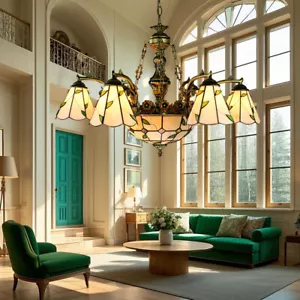Tiffany Retro Semi Flush Mount Ceiling Light Antique Brass Pendant Light Fixture - Picture 1 of 8