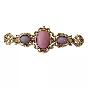 1928 Brand Victorian Style Oval Pink Purple Glass Cab Bar Brooch Pin E635 - Picture 1 of 9