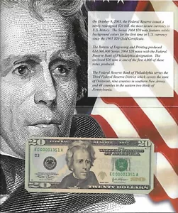 2004 $20 PHILADELPHIA FRN. UNCIRCULATED Banknote in BEP folder LOW Serial # 1351 - Picture 1 of 3