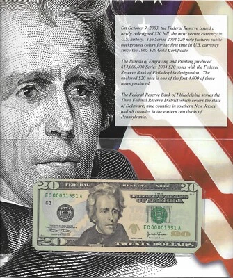 2004 $20 PHILADELPHIA FRN. UNCIRCULATED Banknote in BEP folder LOW Serial # 1351 - Image 1 of 3