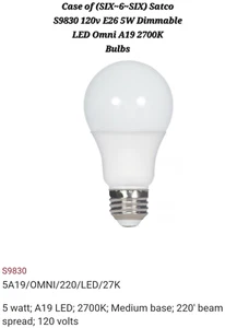 6 Pack Satco S9830 LED Bulbs 120V E26 5 Watt=40W Eqv A19 Medium 2700K Warm White - Picture 1 of 4
