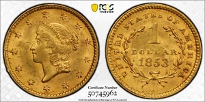 1853 G$1 Liberty Head Gold Dollar PCGS MS63 - Picture 1 of 2