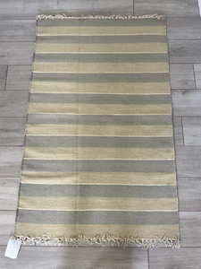 flat weave rug Beige-light blue/grey Stripes 100% Wool - 90*150cm Reversible - Picture 1 of 3
