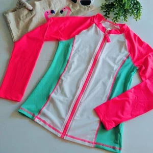 Cat & Jack Girls Long Sleeve Zip Up White Turquoise Pink Rash Guard Swim Top L - Picture 1 of 11