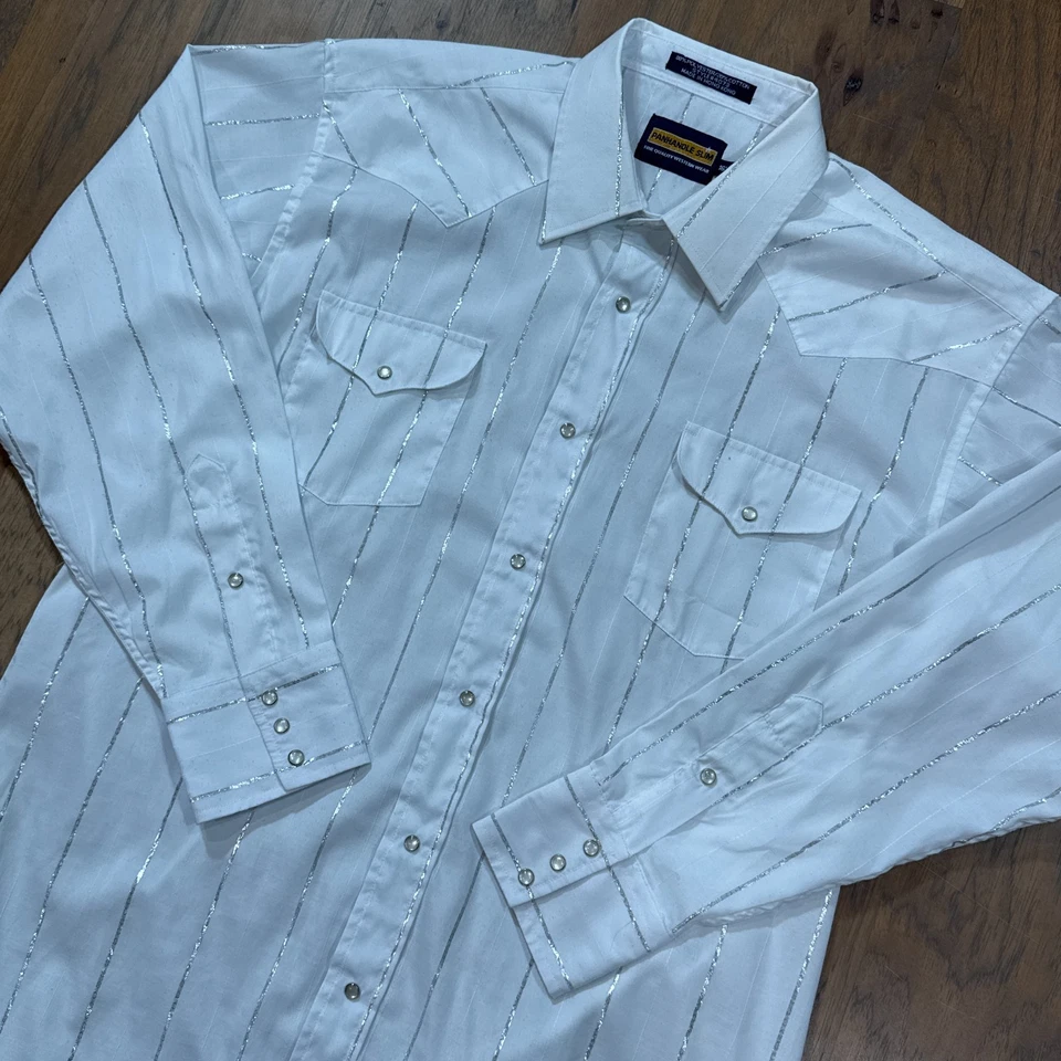 Винтажная тонкая рубашка Panhandle мужская L белые полоски легкий жемчуг застежка вестерн - Изображение 1 из 4