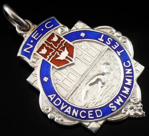 Pocket Watch Fob Medal, Sterling Silver Enamel, Advanced Swimming Test 1938 - Picture 1 of 12