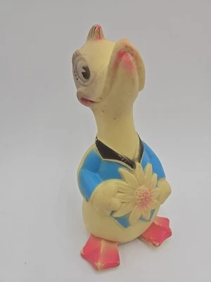 Vintage 8” Rubber Duck Squeak Toy 1965 Baby World Blue Yellow - Image 1 of 4