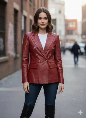 Lambskin Genuine Women's Blazer Handmade Double Breasted Leather Stylish Casual - Image 1 of 4