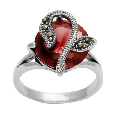 Silverly Anello Argento 925 Zircone Rosso Rotondo Multi Marcasite Fiore - Immagine 1 di 4