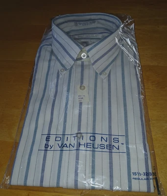 范海森版男式 LS 白色带蓝色条纹正装衬衫 - 15.5x32/33-NIP — 第 1/3 张图片