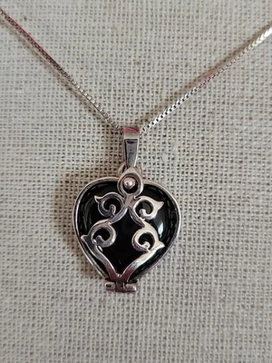 Collar De Colección Plata de Ley 925 30" ~ Corazón Abierto Negro Ónix Medallón Colgante ~ Nuevo Con Etiquetas Foto 1 de 4