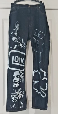 Jeans Neo Azul Arte Gráfico Scarface Para Hombres 40 X32 Azul Denim Años 90 Y2K Hip Hop Foto 1 de 4