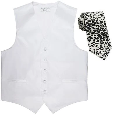 New Men's Formal Vest Tuxedo Waistcoat white with White leopard tie wedding prom - Image 1 of 4