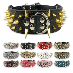2"Wide Leather Spiked Studded Dog Collars Heavy Duty for Medium Large Dogs S-XL - Picture 1 of 37