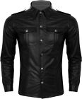Men's Leather Shirt Long Sleeve Slim Fit Muscle Shirt With Turn-Down Collar Men