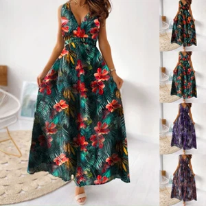 Women's Boho Floral V-Neck Long Maxi Dress Chiffon Summer Holiday Beach Dresses - Picture 1 of 18