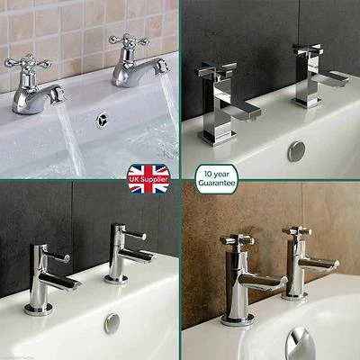 BATHROOM BASIN SINK HOT & COLD PAIR TAPS SET CHROME SOLID BRASS & OPTIONAL WASTE