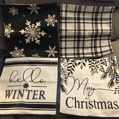 4 capas de travesseiro de algodão linho 18" X 18" um lado Natal azul marinho/off-white - Imagem 1 de 4