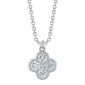 14K White Gold Diamond Clover Pendant Necklace Beaded Round Cut Natural 0.33 CT