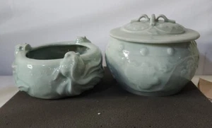 Chinese Jade Celadon Ceramic Koi Fish Bowl And Pot (Ee) - Picture 1 of 11