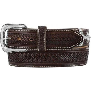 Justin Western Mens Belt Leather Silver Links Embossed Made In USA Brown C13968 - Picture 1 of 3