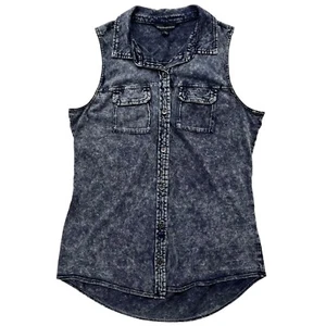 Rock & Republic Womens Small Faded Denim Wash Cotton Sleeveless Button Up Blouse - Picture 1 of 17