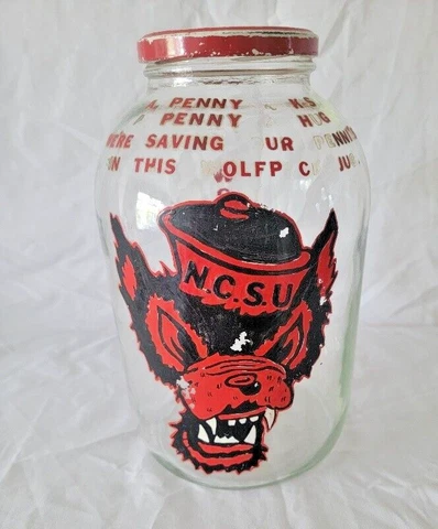 Vintage NC STATE UNIVERSITY WOLFPACK GLASS PAINTED JAR North Carolina  ST Cover