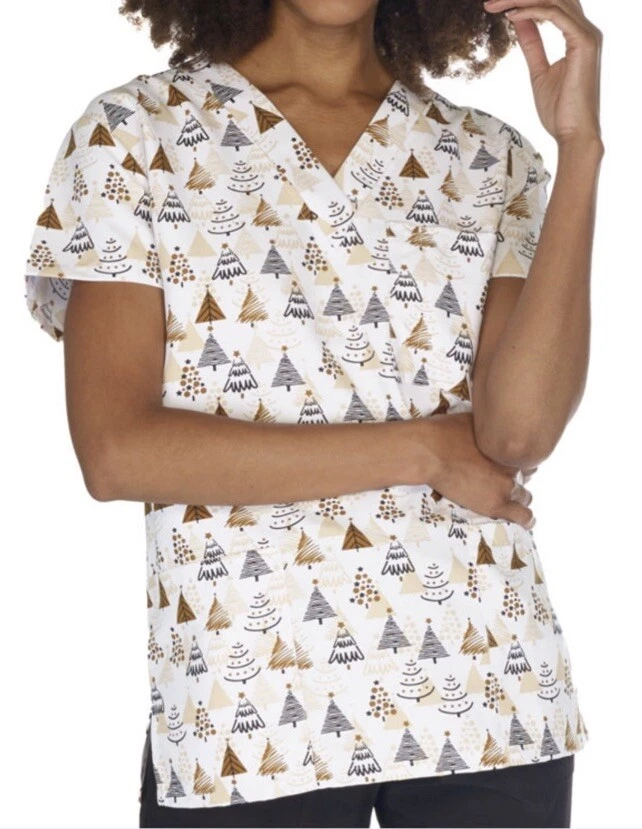 NWT Women's Medium Enchanted Forest Christmas Tree Print I Love Scrubs Scrub Top - Image 1 of 1