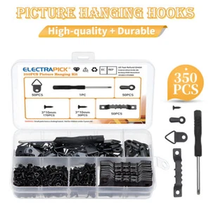 350Pcs Sawtooth Picture Frame Hanging Hanger Photo Turn Buttons Screw Black Kit - Picture 1 of 10