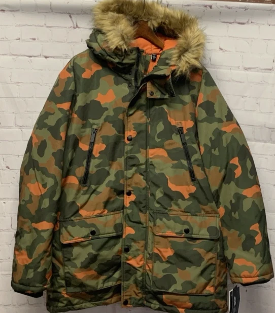 Casaco Parka Masculino Club Room Pequeno Verde Capuz de Pele Sintética Camuflagem - Imagem 1 de 1