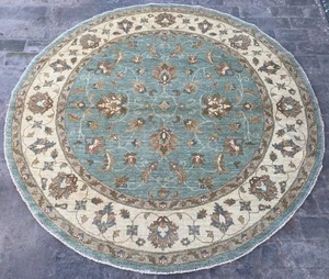 7x7 Aquamarine Royal Sultani Rounded Rug Afghan Oriental Turkmen Ziegler Rug - Picture 1 of 10