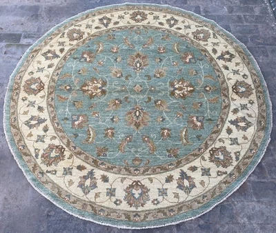 7x7 Aquamarine Royal Sultani Rounded Rug Afghan Oriental Turkmen Ziegler Rug - Image 1 of 4