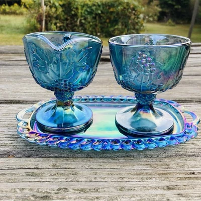 Vintage Indiana Glass Iridescent Blue Carnival Creamer, Sugar Bowl With Tray VGC - Image 1 of 4