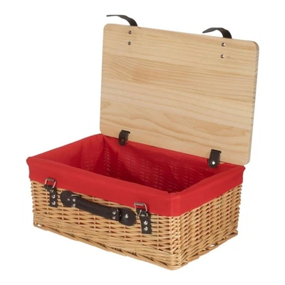 41cm Buff Red Lined Willow Empty Picnic Basket with Pinewood Lid - Image 1 of 4