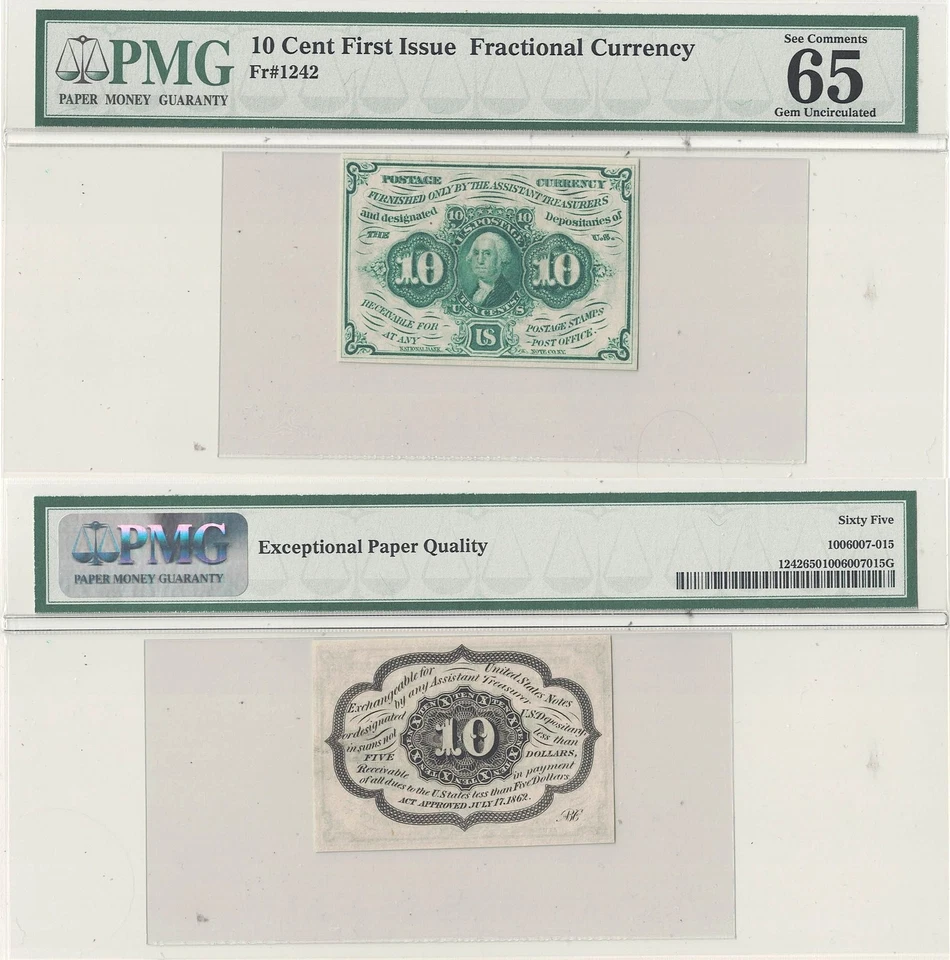 10 Cents First Issue Fractional Currency Fr 1242 PMG 65-EPQ - Image 1 of 3