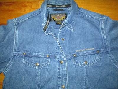 Дамы HARLEY DAVIDSON винтажный джинсовой ткани Western кнопка вышитая назад рубашка Sz 8 - Изображение 1 из 4