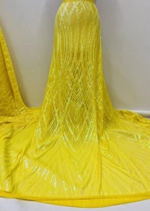 YELLOW Stretch Sequin Fabric/4 Way Stretch Yellow Mesh on Yellow Sequin-by Yard - Picture 1 of 5