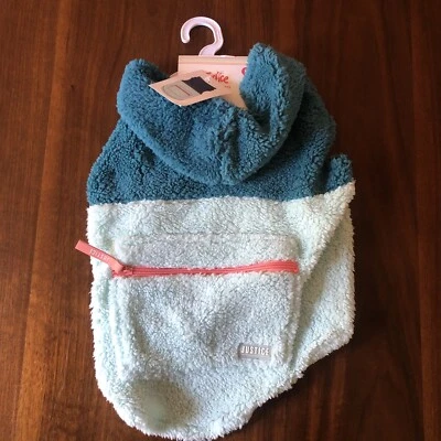 Justice Hoodie Dog Teal/turquoise Sherpa Sweater  Zippered Pocket Medium - Image 1 of 3