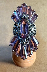 Vintage Marcasite Purple Marquise Baguette 1.5" Sterling Silver Ring Sz 5.5 - Picture 1 of 8