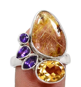 Golden Rutile quartz, Citrine & Amethyst Sterling Silver Ring sz 8 - Picture 1 of 1