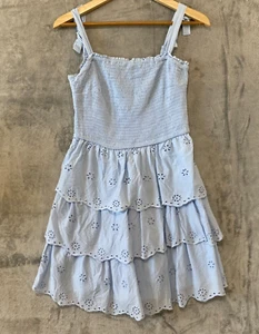 SINCERELY JULES Boho Baby Blue Smocked Tiered Eyelet Dress 100% Cotton Sz L - Picture 1 of 3