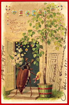 De colección HOLD-TO-LIGHT San Valentín Antropomórfico Insecto Trae Flores HTL PC UDB c1907 Foto 1 de 4