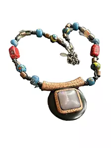Chico's Copper & Glass Beaded Pendant Necklace Statement Choker Lucite Cabochon - Picture 1 of 8