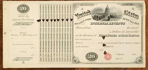 US SPECIAL TAX REVENUE STAMP - 1873 $20 RETAIL DEALER IN MALT LIQUORS - LOOK! Cover